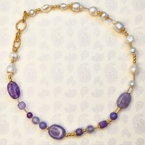 Natural Lavender Jade & White Baroque Pearls In Assymetrical Freeform Necklace